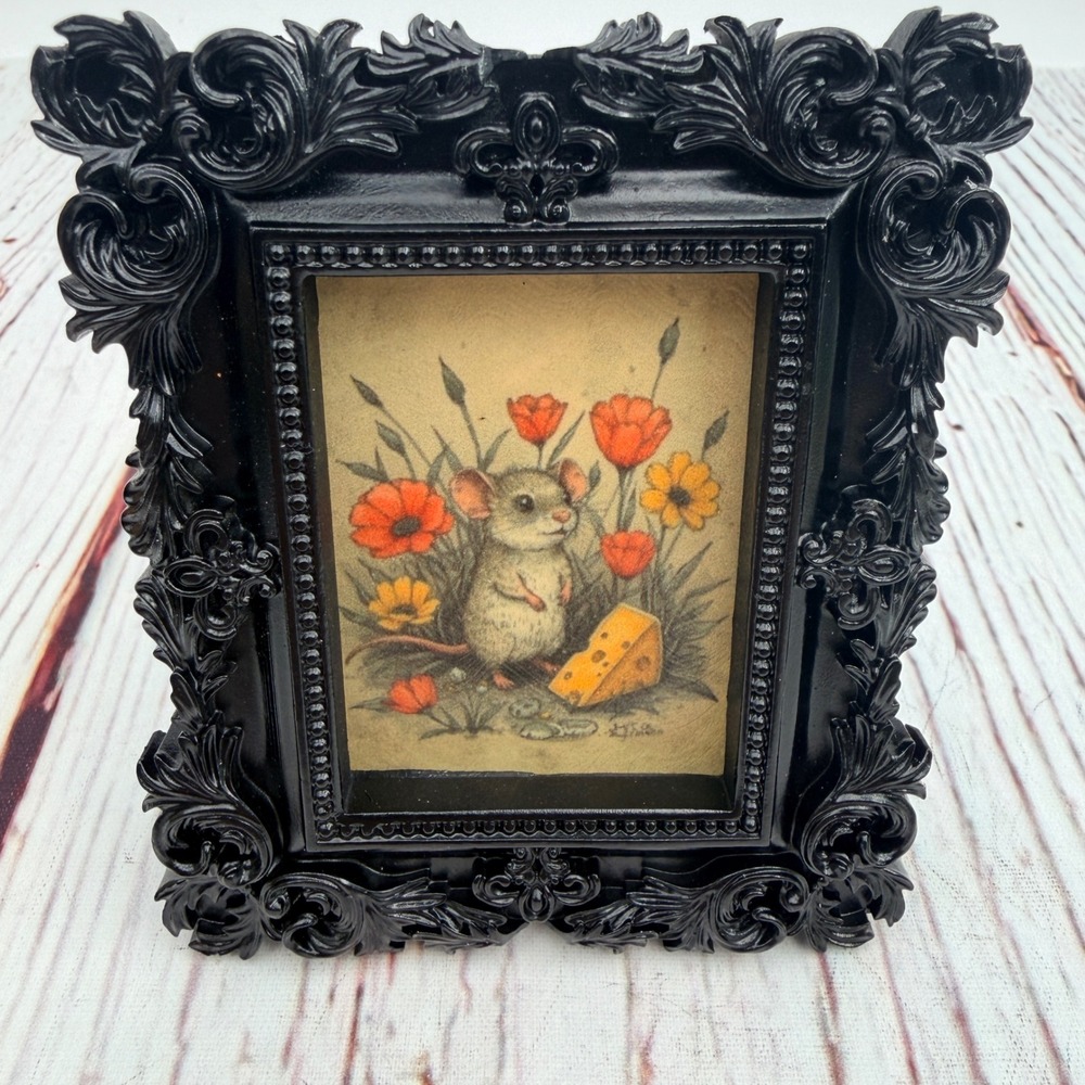 Handmade Mouse Art Decoupage Ornate Black Resin Frame Miniature